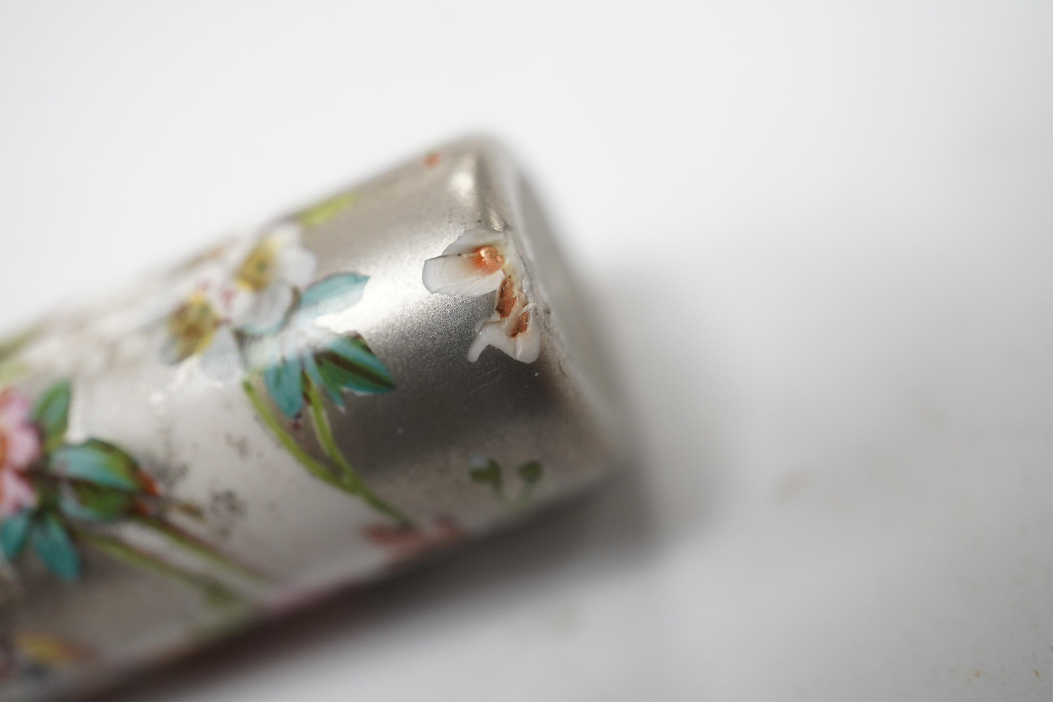 A Victorian white metal and enamel cylindrical scent bottle, 48mm (a.f.) and a late Victorian silver mounted willow pattern scent flask. Condition - poor to fair